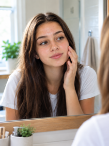 Teenage girl checking her skin in a bathroom mirror in morning light