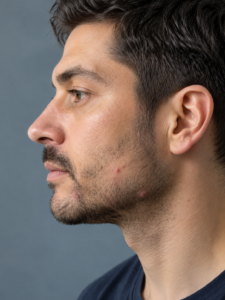 Adult man with mild jawline breakouts in a side profile beauty photograph