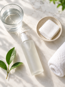 Simple daily skincare routine arranged as a flat lay on a marble surface