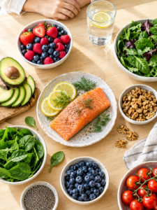 Skin-friendly whole foods including berries, avocado and leafy greens on a wooden table
